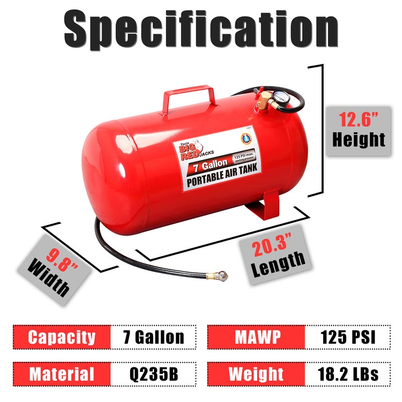 BIG RED خزان هواء أفقي محمول تورين T88007 باللون الأحمر مع خرطوم بطول 36 بوصة، سعة 7 جالون - Image 3